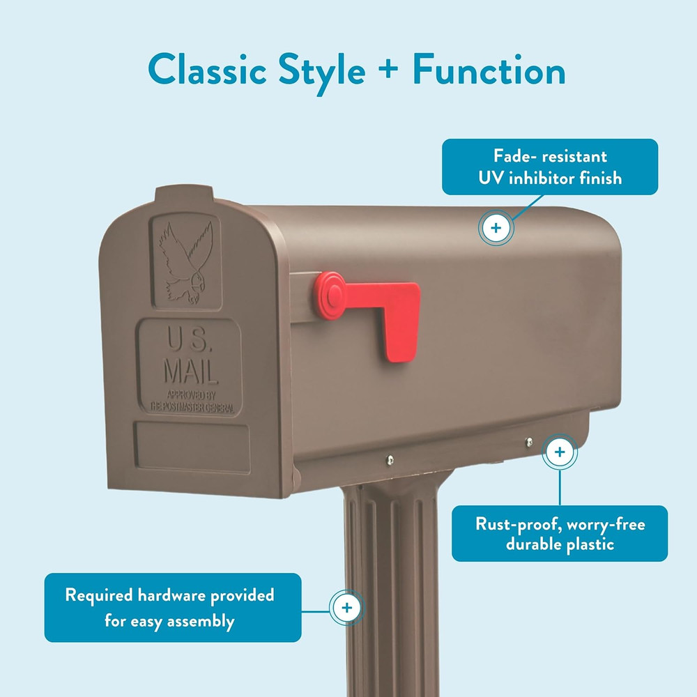 Newbury™ Rust-Proof Plastic Post Mounted Mail Box for outside with Post, Mocha,