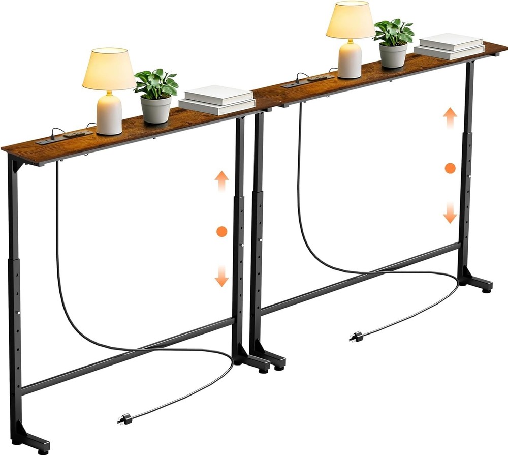 2 Pack Adjustable Height Narrow Console Table with Power Outlets, 70" Long Sofa