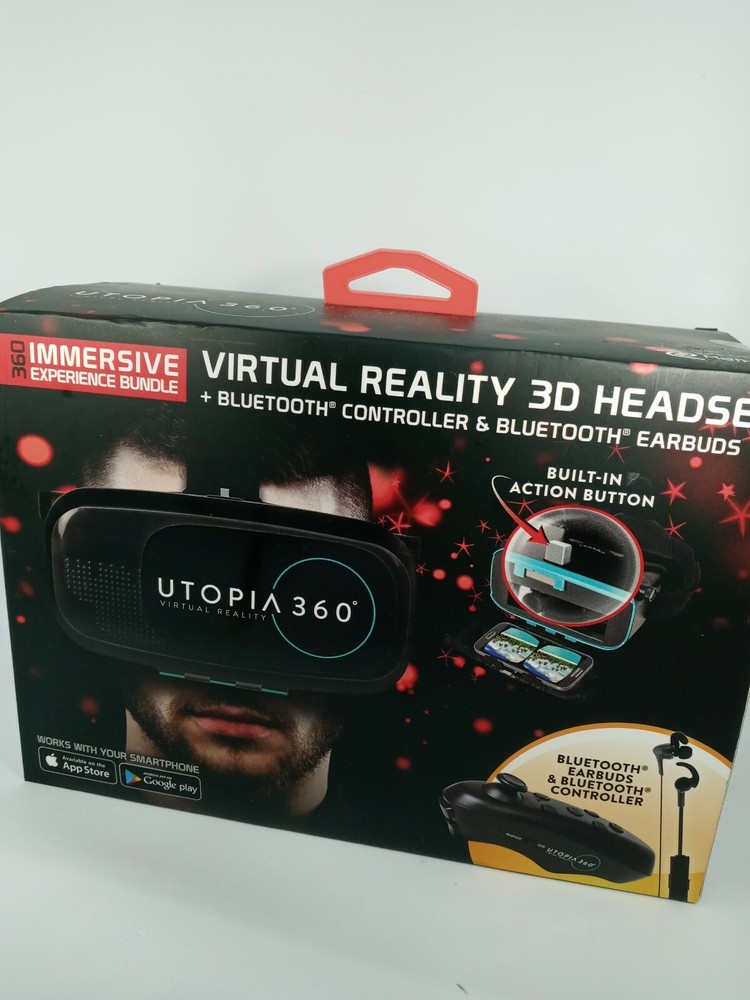 Utopia ReTrak 360 Degree 3D VR Headset Bundle Bluetooth Earbuds & Controller NIB