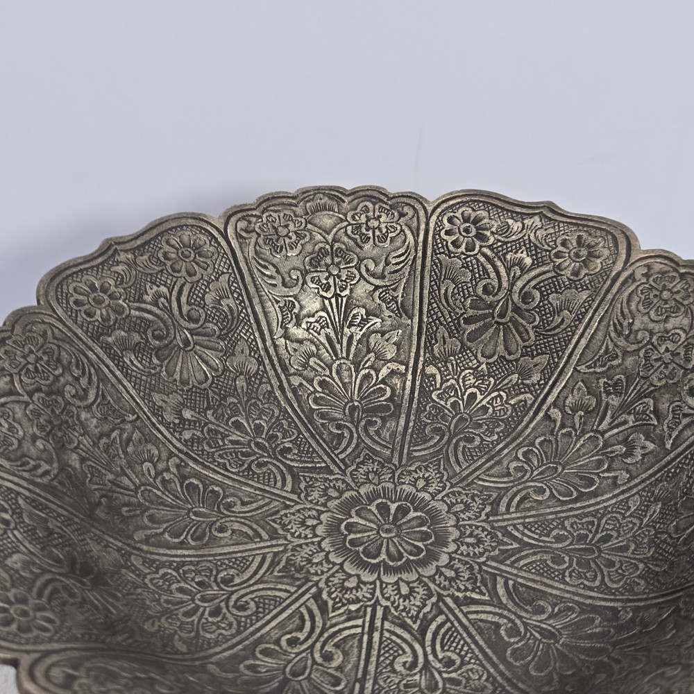 Ornate Solid Floral Footed Dish Bowl 8” Offering Plate Candy Dish Made In India