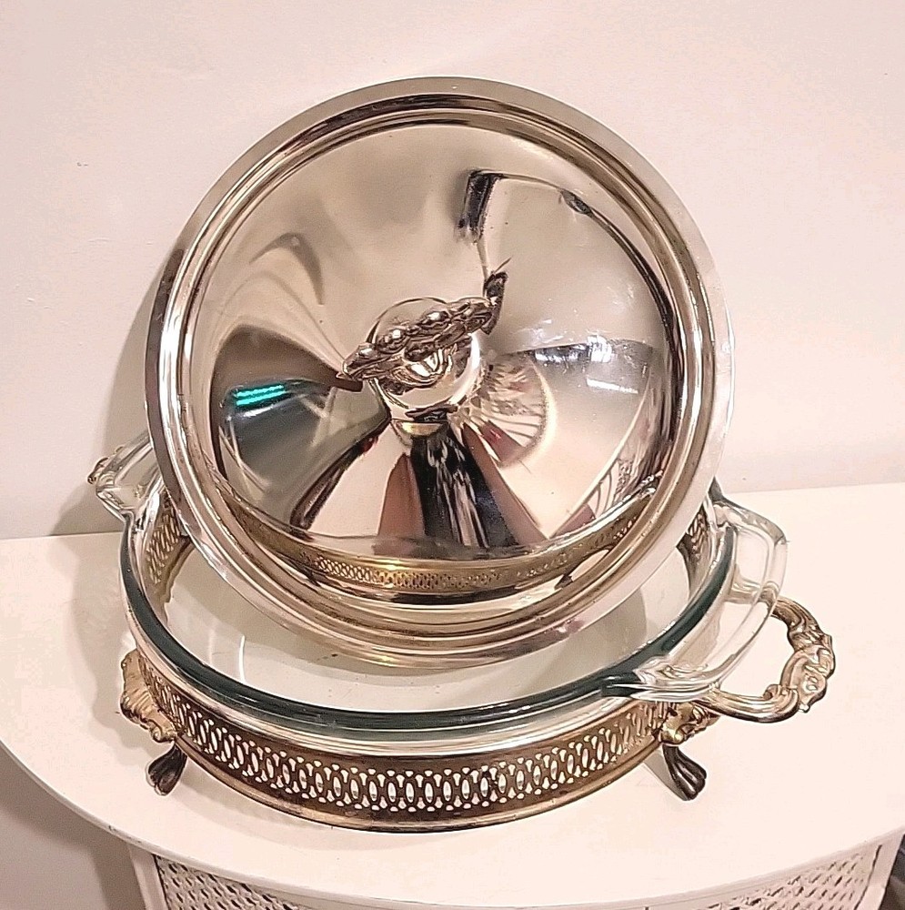 VTG Covered Casserole & Silver Plate 10" Glass Baking Dish Elegant Serving Set