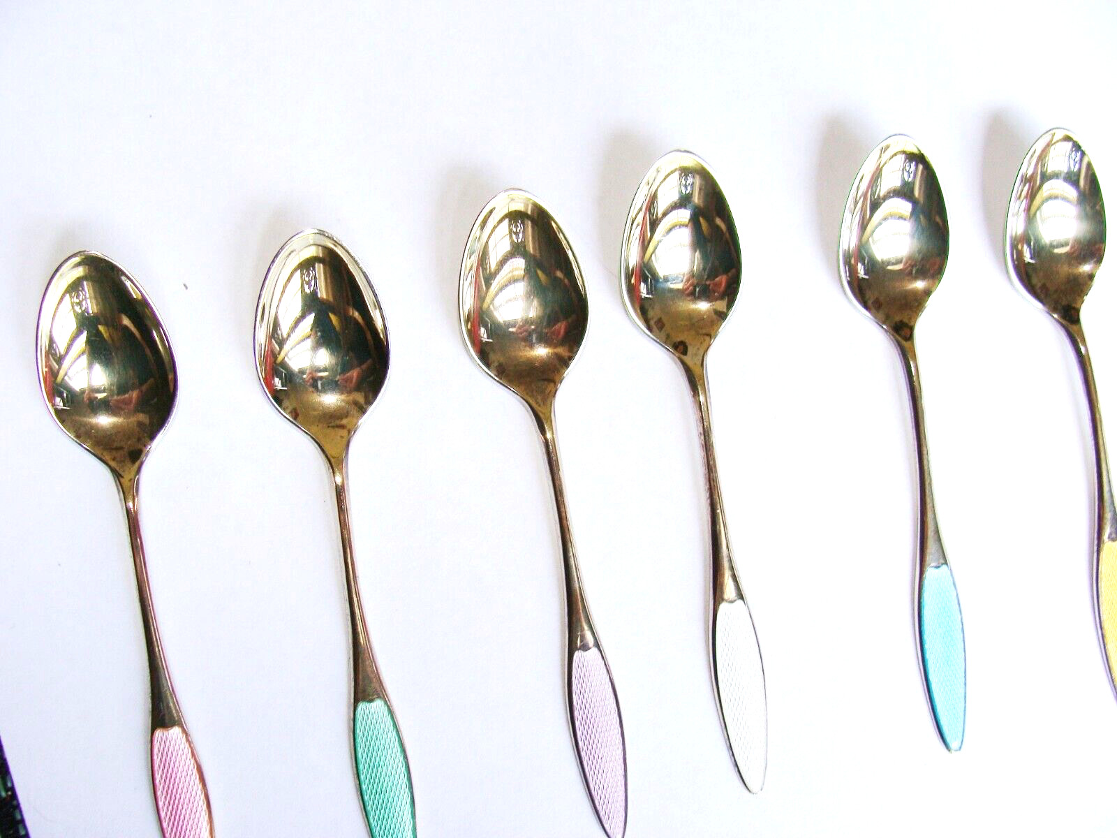 Frigast Denmark Box Set of 6 Sterling Silver Guilloche Enamel Demitasse Spoons