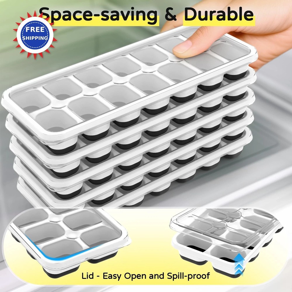 Ice Cube Tray 5 Pack Stackable Silicone Trays Easy Release Reusable BPA-Free