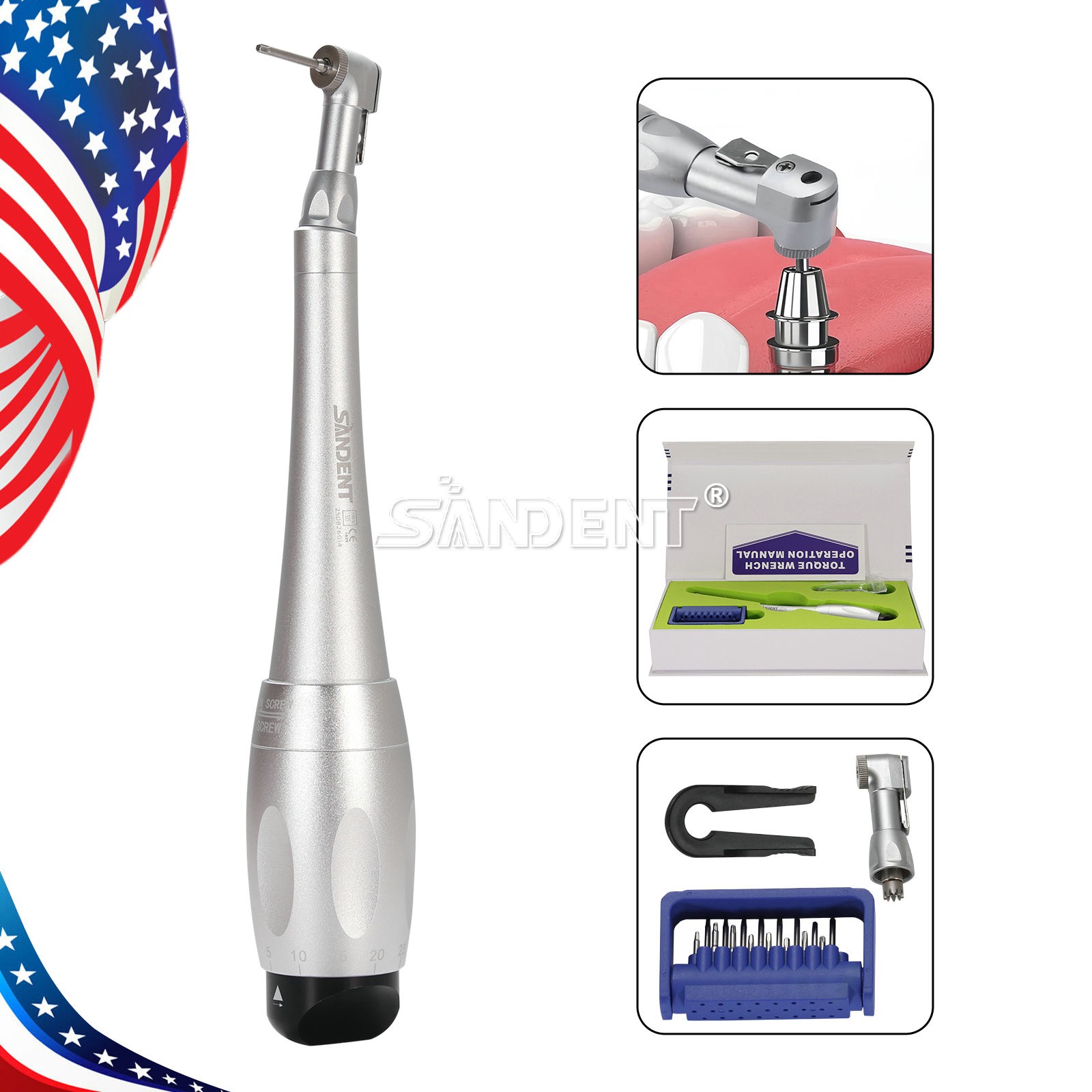 Dental Torque Wrench Universal Implant Kit Wrench Contra Angle & 16 Drivers USA
