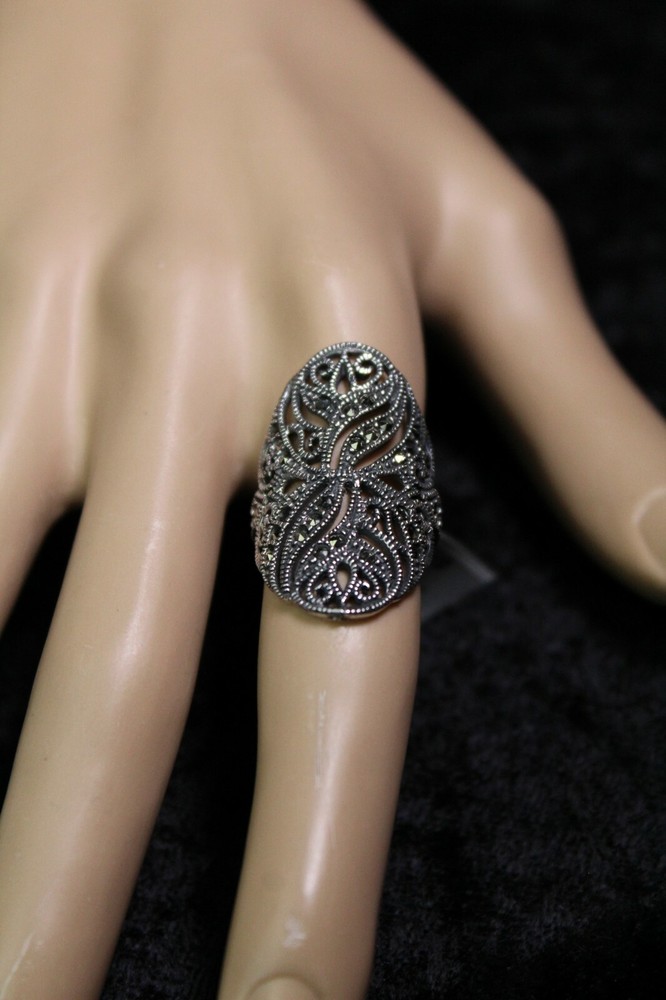 Sterling Silver and Marcasite Ring Filigree Fancy Scroll Oval Statement Piece