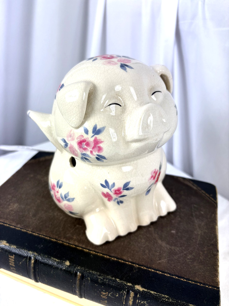 Ceramic Flying Pig Night Light Lamp Roses 6"