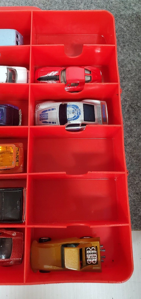 45 Hot Wheels/Hasbro/Misc vehicles in Plastic Red storage case.