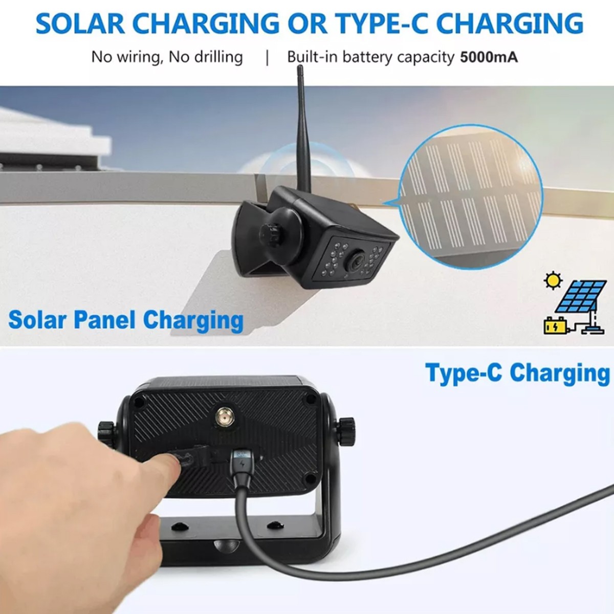 5" Monitor 1080P Solar Magnetic Wireless RV Backup Camera for Car Trailer Truck