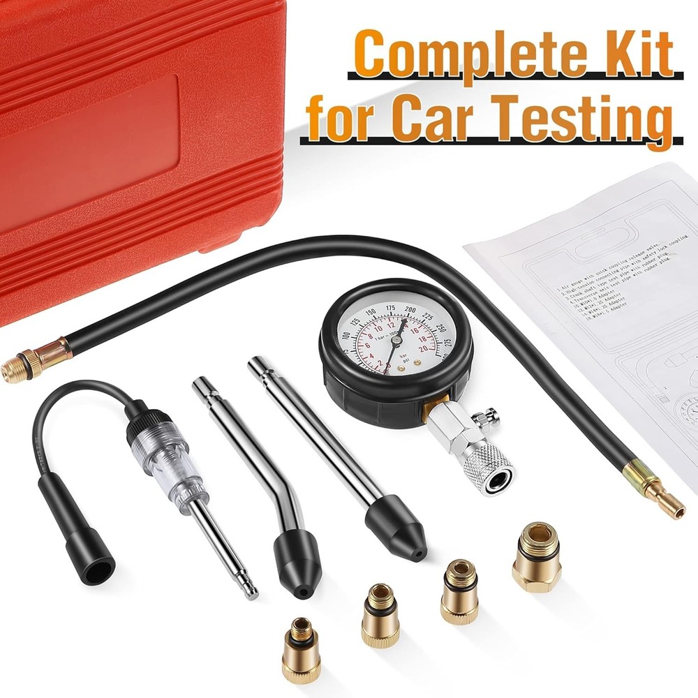 Complete Engine Testing Tool Kit with Compression Gauge and Rubber Adapters