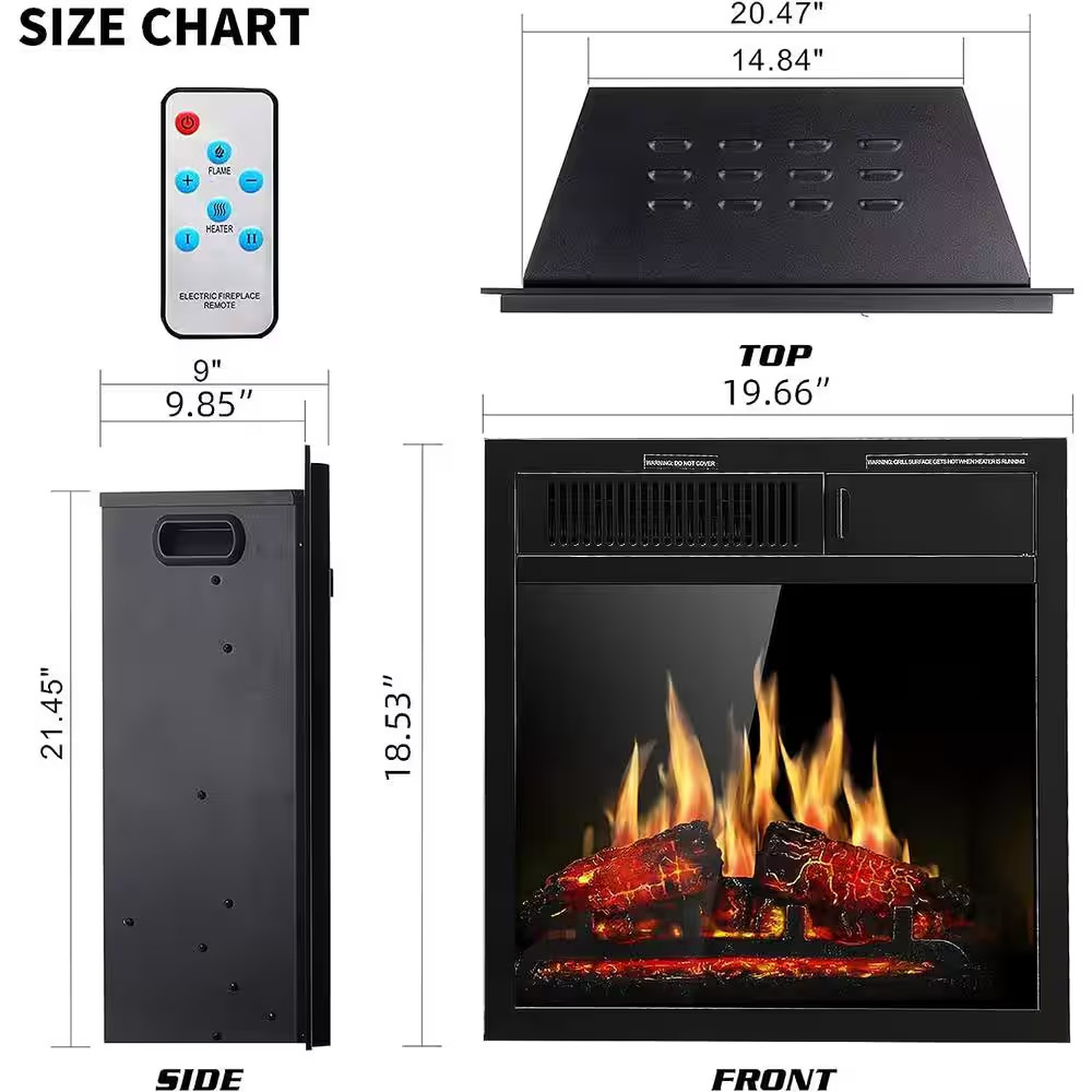 20 In. Ventless Electric Fireplace Insert, Remote Control, Adjustable Led Flame