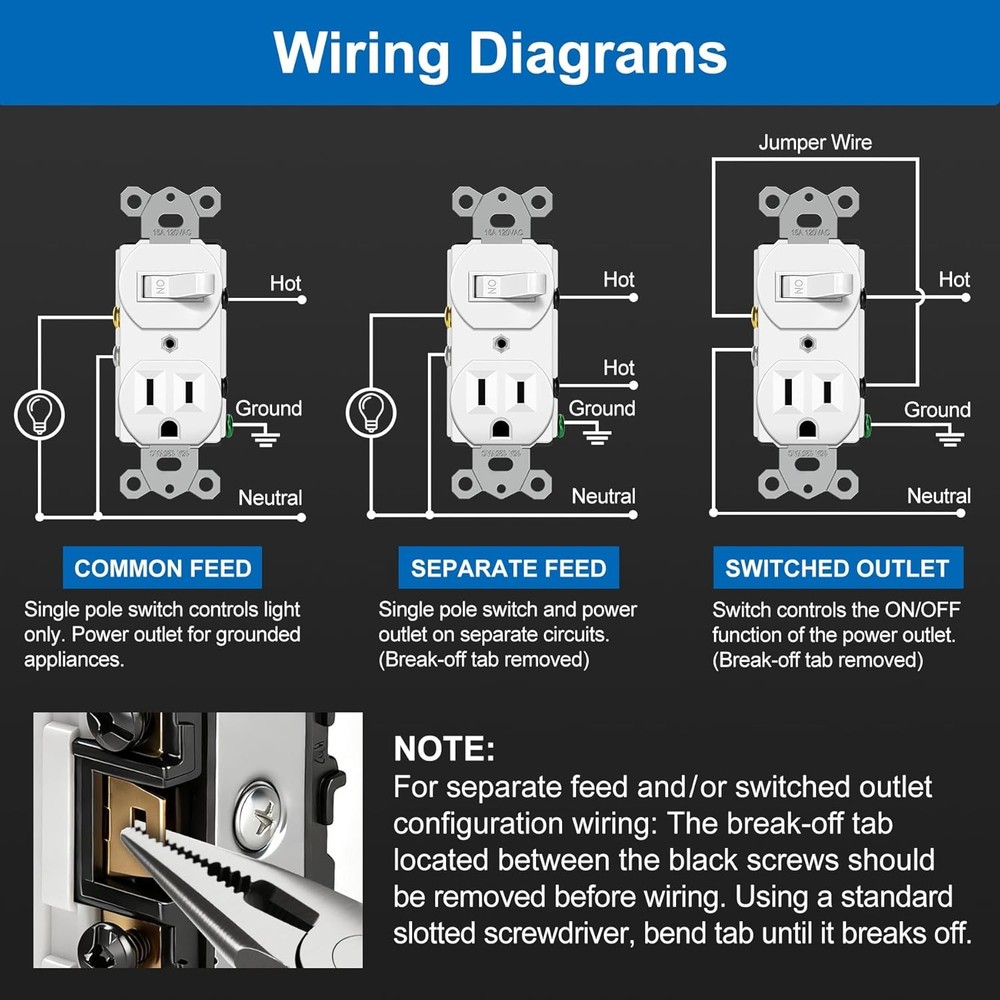 2 Pack Combination Toggle Light Switch and Duplex Receptacle Outlet, Single Pole