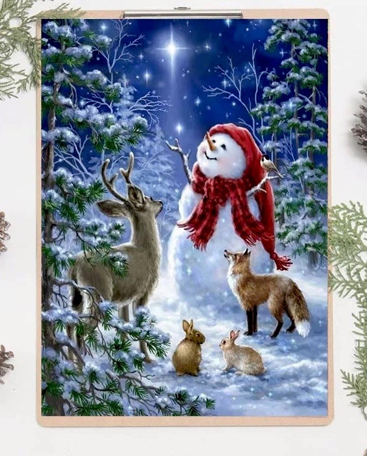 Diamond Painting Kit Snowman Winter Xmas Snow Dotz Forest Animals 12" x 16" Lg.