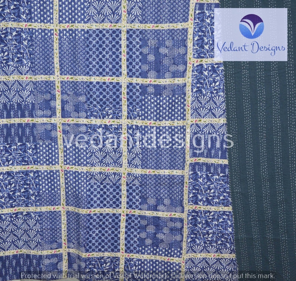 Indian Handmade Patchwork Kantha Quilt Reversible Bedspread Single Cotton