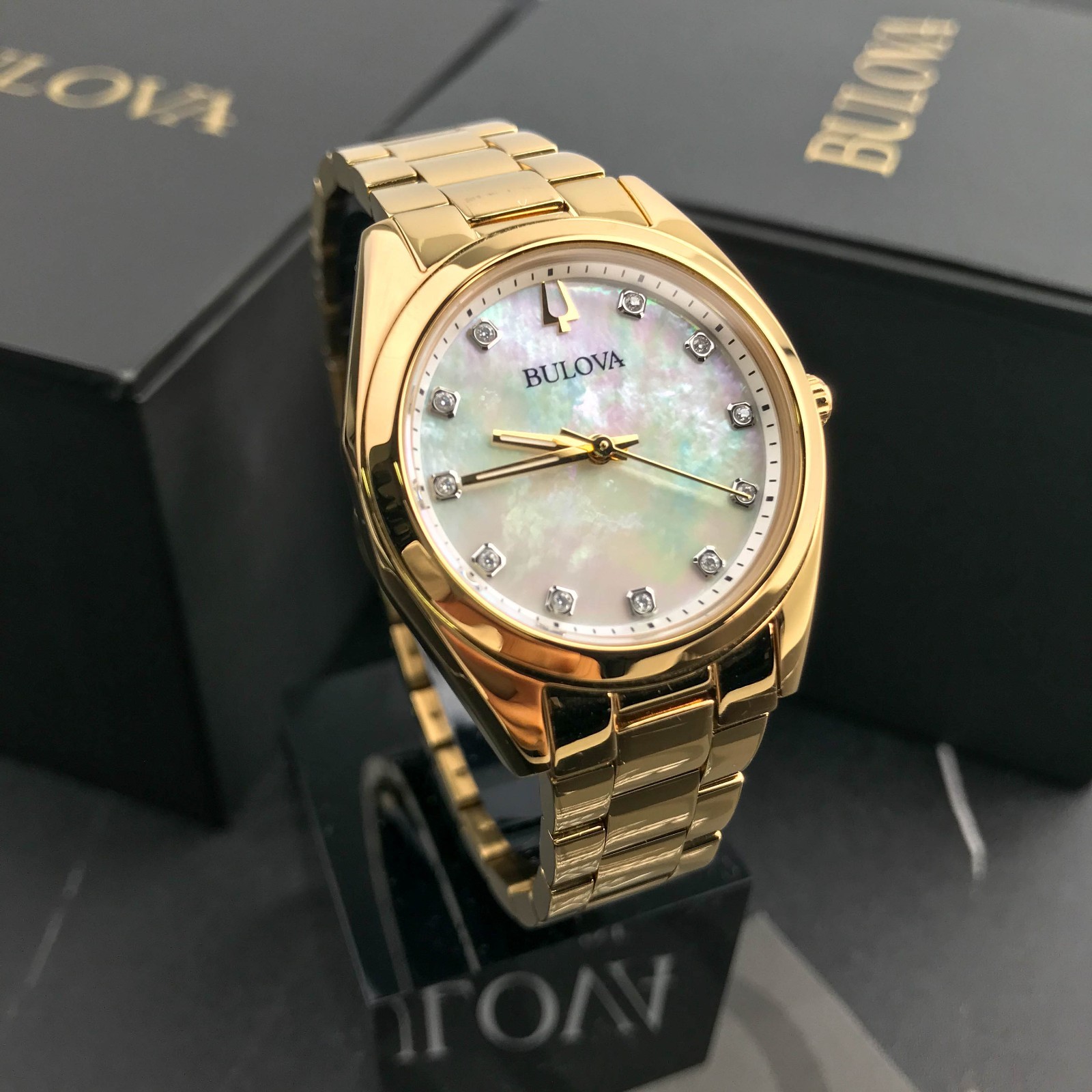 Bulova Surveyor Ladies 97P172 Gold Tone Mother-of-Pearl Dial Quartz Watch 31mm