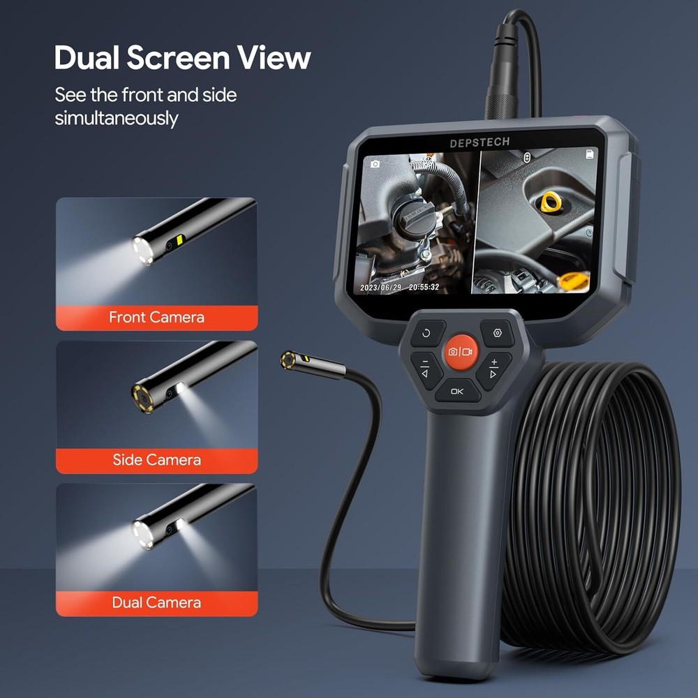 DEPSTECH Endoscope Camera with Light, 5" IPS Screen, Dual Lens Borescope 7.9mm,