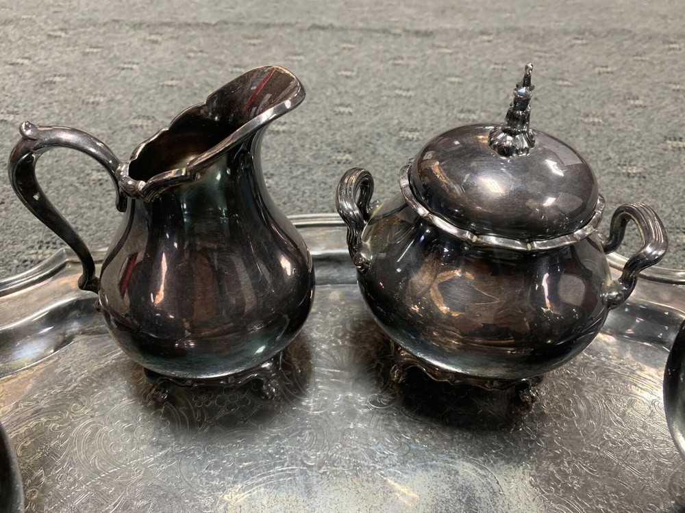 French Provincial Reed & Barton #7040 Silver Plate Tea Coffee Set w/ #359 Tray