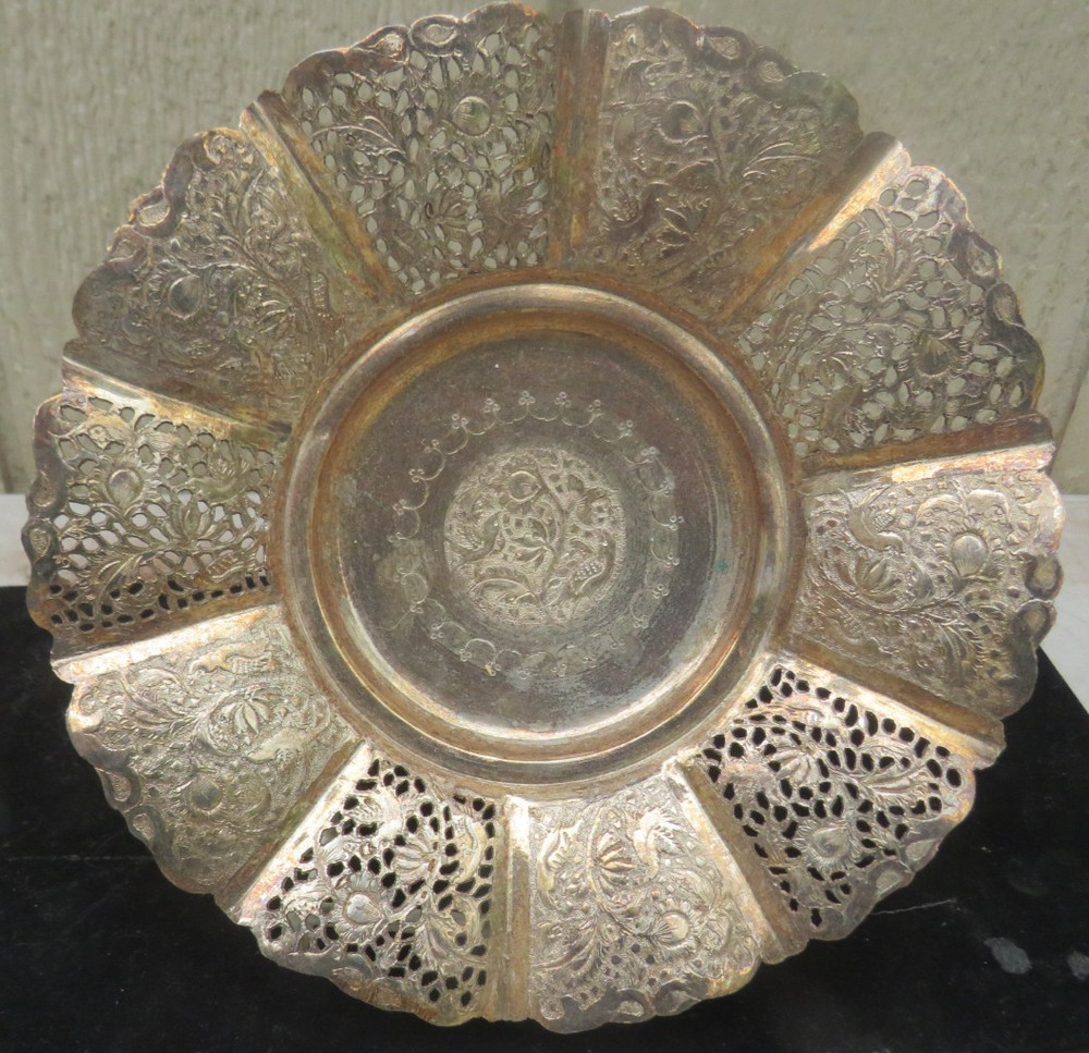 ANTIQUE SOLID SILVER PERSIAN PEDESTAL SOLID SILVER BOWL FLORAL-LIKE DESIGNS