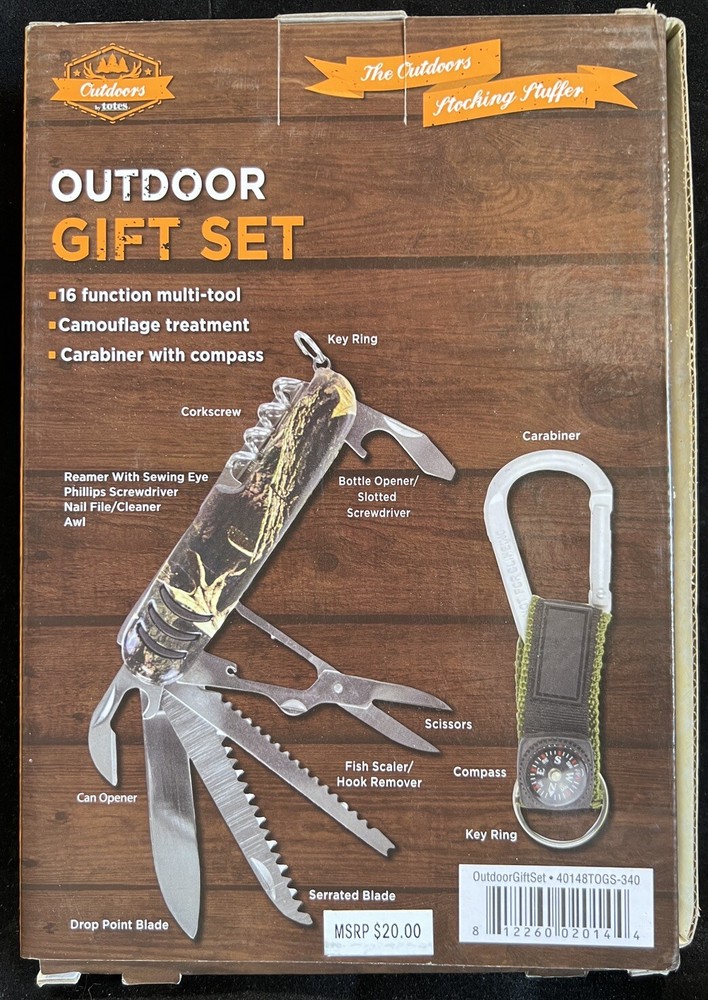 Totes Outdoor 16 function Multi Tool Carabiner with Compass Gift Set - CAMO