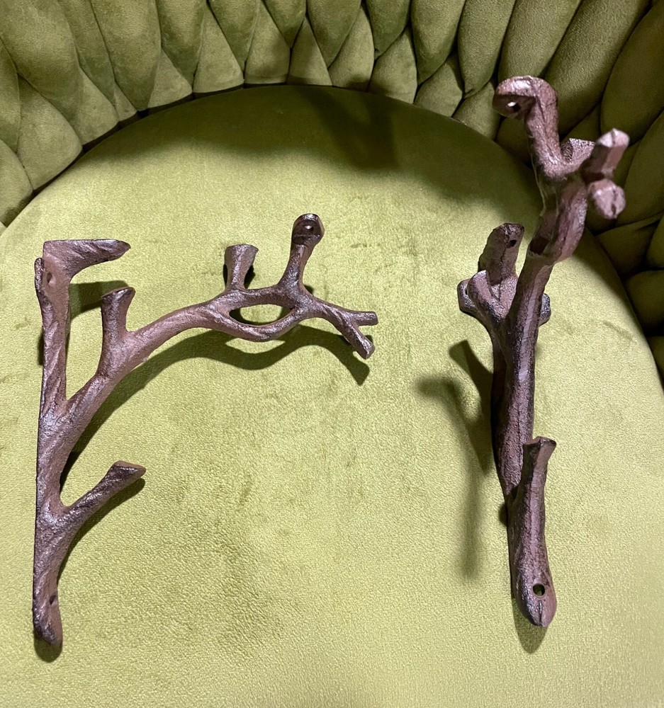 2 Rustic Cast Iron Shelf Bracket Wall Mount Hardware Brace Tree Branch Sculpture