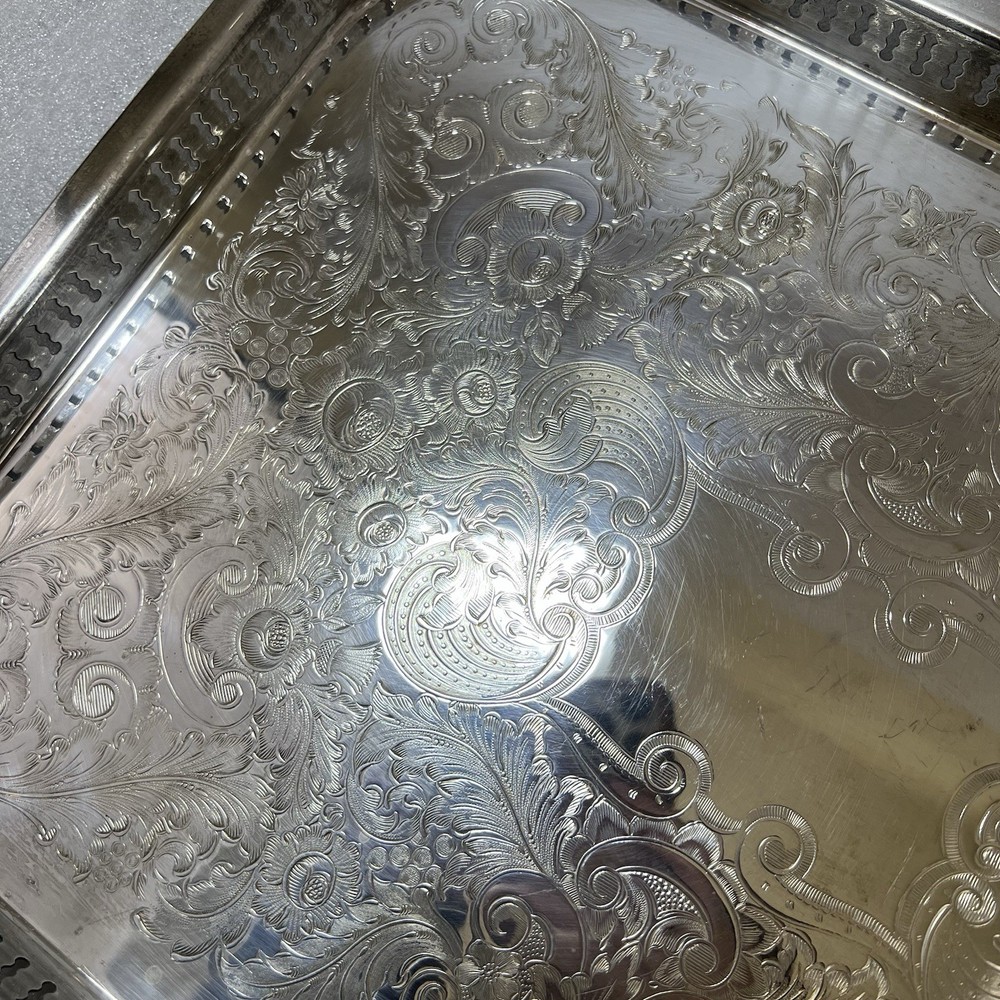 Vtg Silver Plated Gallery Serving Tray 16x12” Rectangular Chased Bottom England