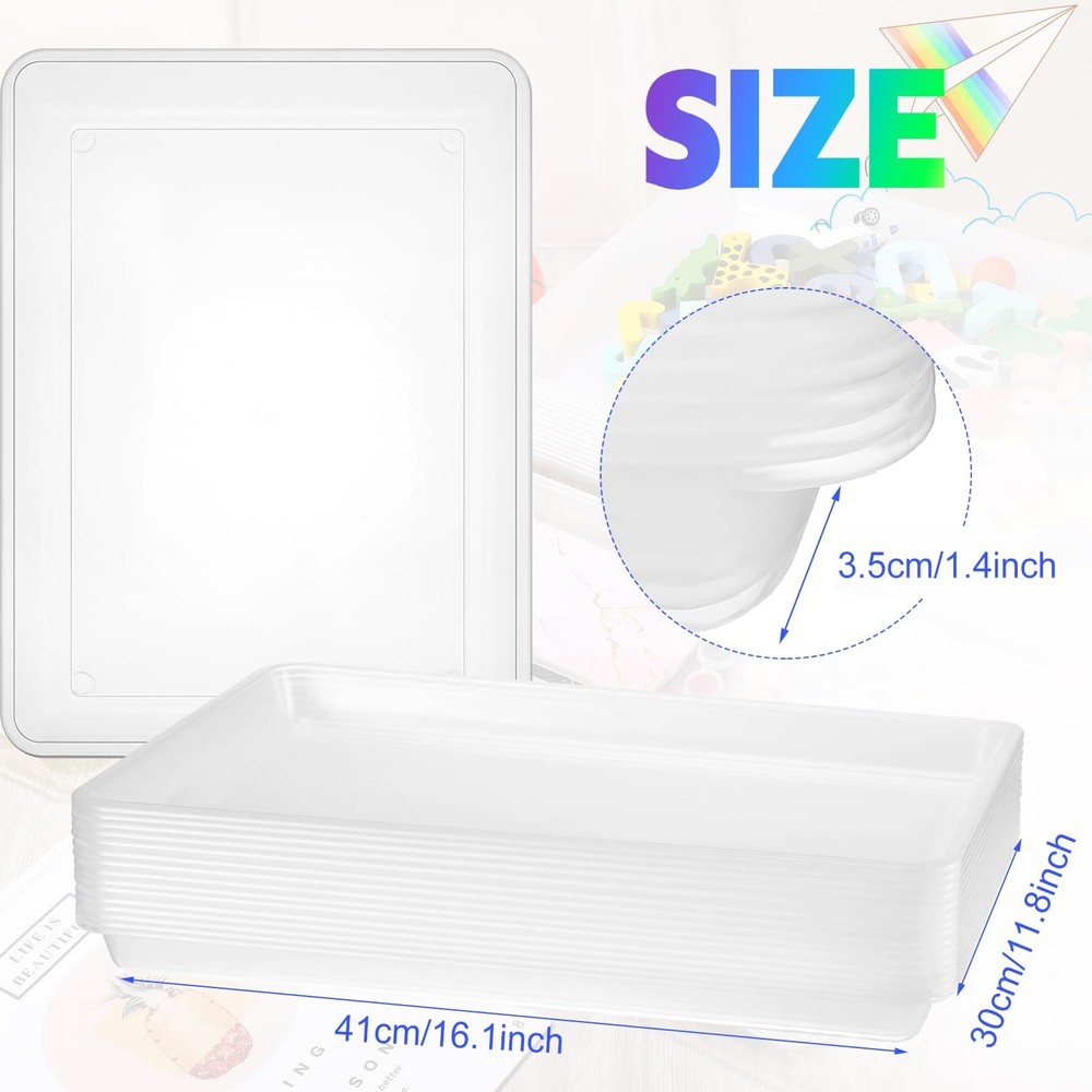 15 Pcs Flat Plastic Trays 16.1 x 11.8'' Sensory Storage Tray Stackable Classr...