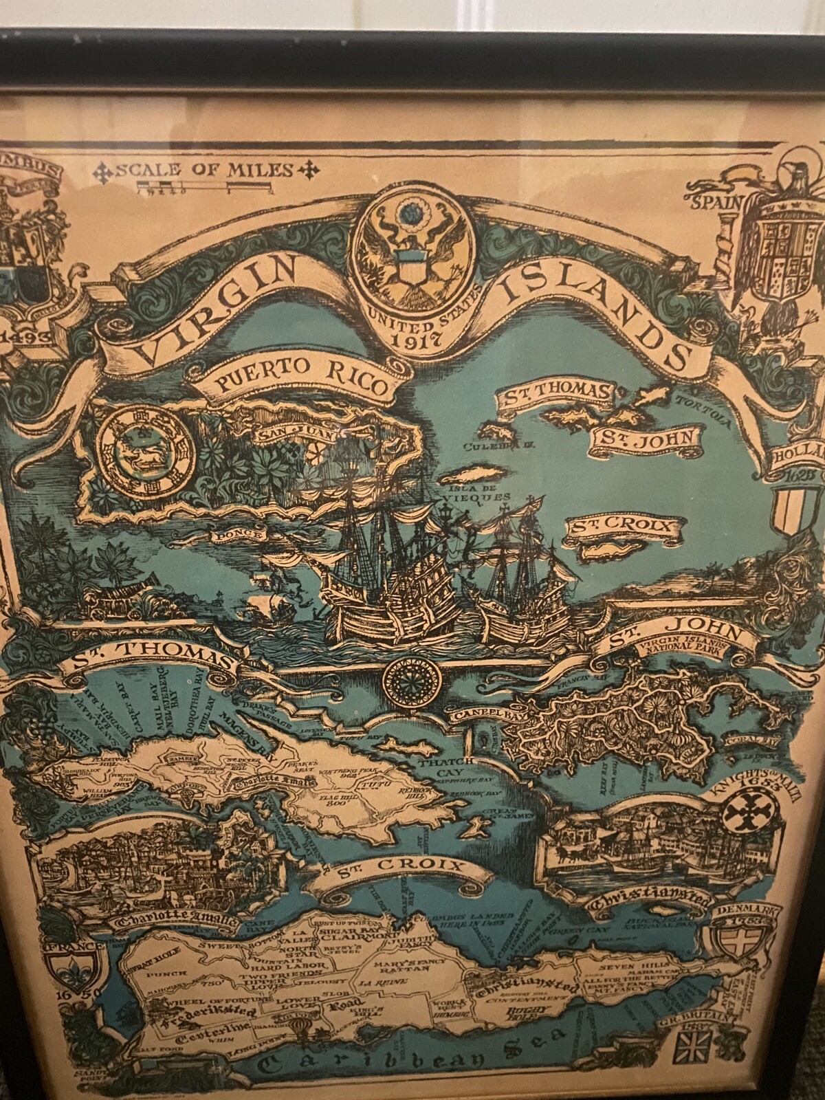 22"x17" VIRGIN ISLANDS Framed Map - 1966 USA mid-century LITHO