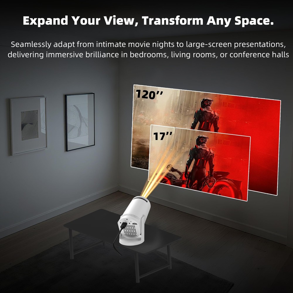 Mini projector, with wired screen sync 4K 1080P portable projector 180° white