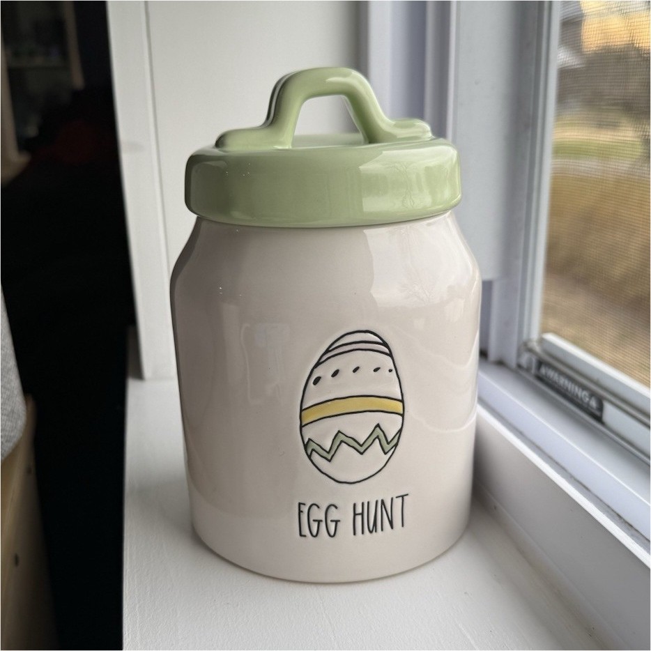 Rae Dunn Ceramic Cookie Jar with Lid, Easter Egg Pattern, White Green, 6.5 in