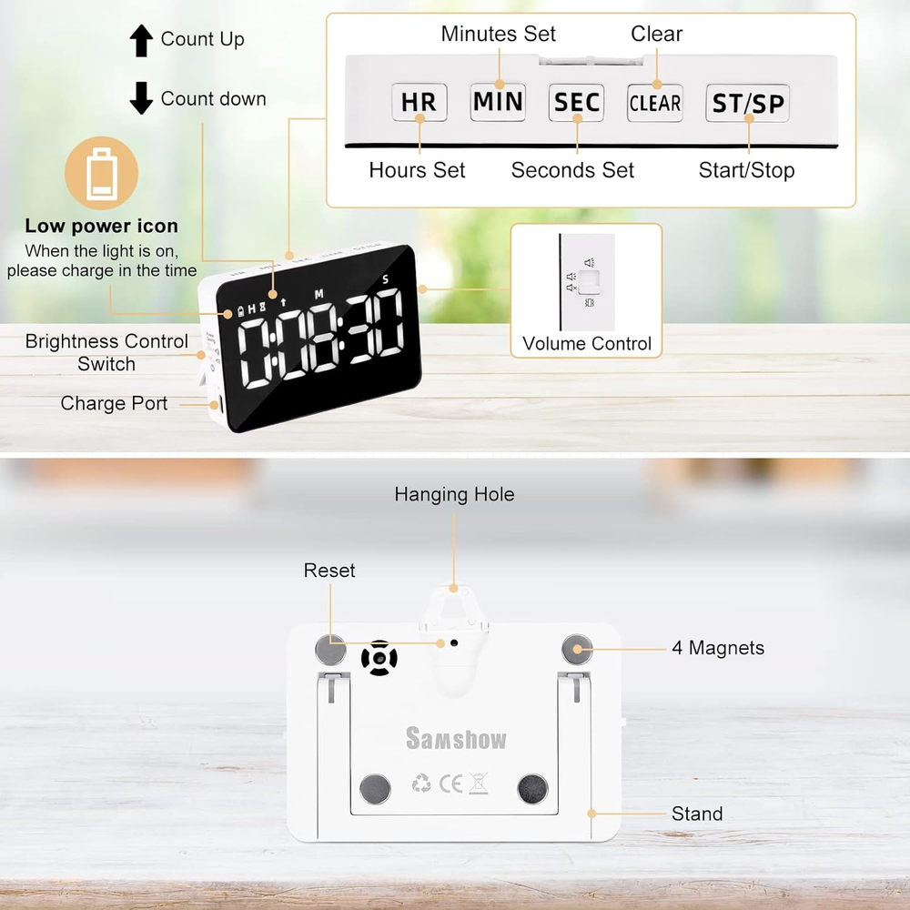 Rechargeable Digital Kitchen Timer for Cooking, Magnetic Timers with Countdown/U