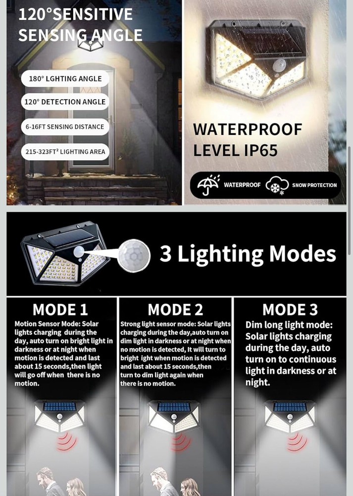 2PACK 100LED Solar Power Motion Sensor Wall Light Outdoor Garden Security Lam