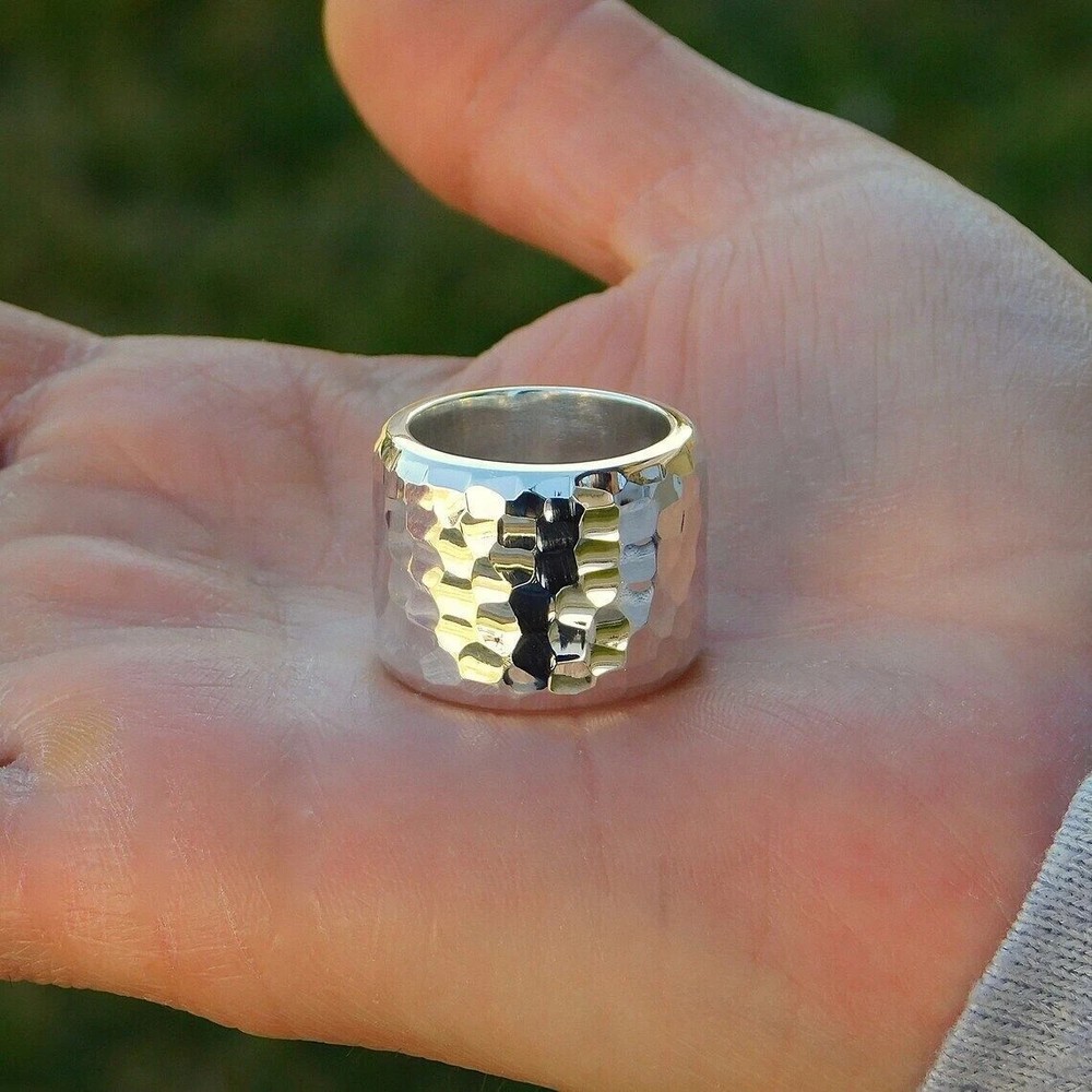Solid 925 Sterling Silver Hammered Band Ring Statement Handmade Ring All Size