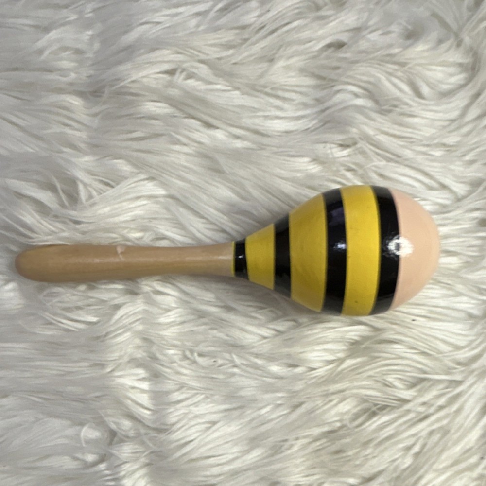 Wood Maraca Bee Stripe & Smiling Face Design