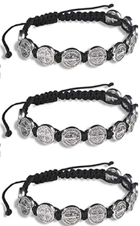 Saint Benedict Ten Medal Black Cord Adjustable Bracelet Pack of 3