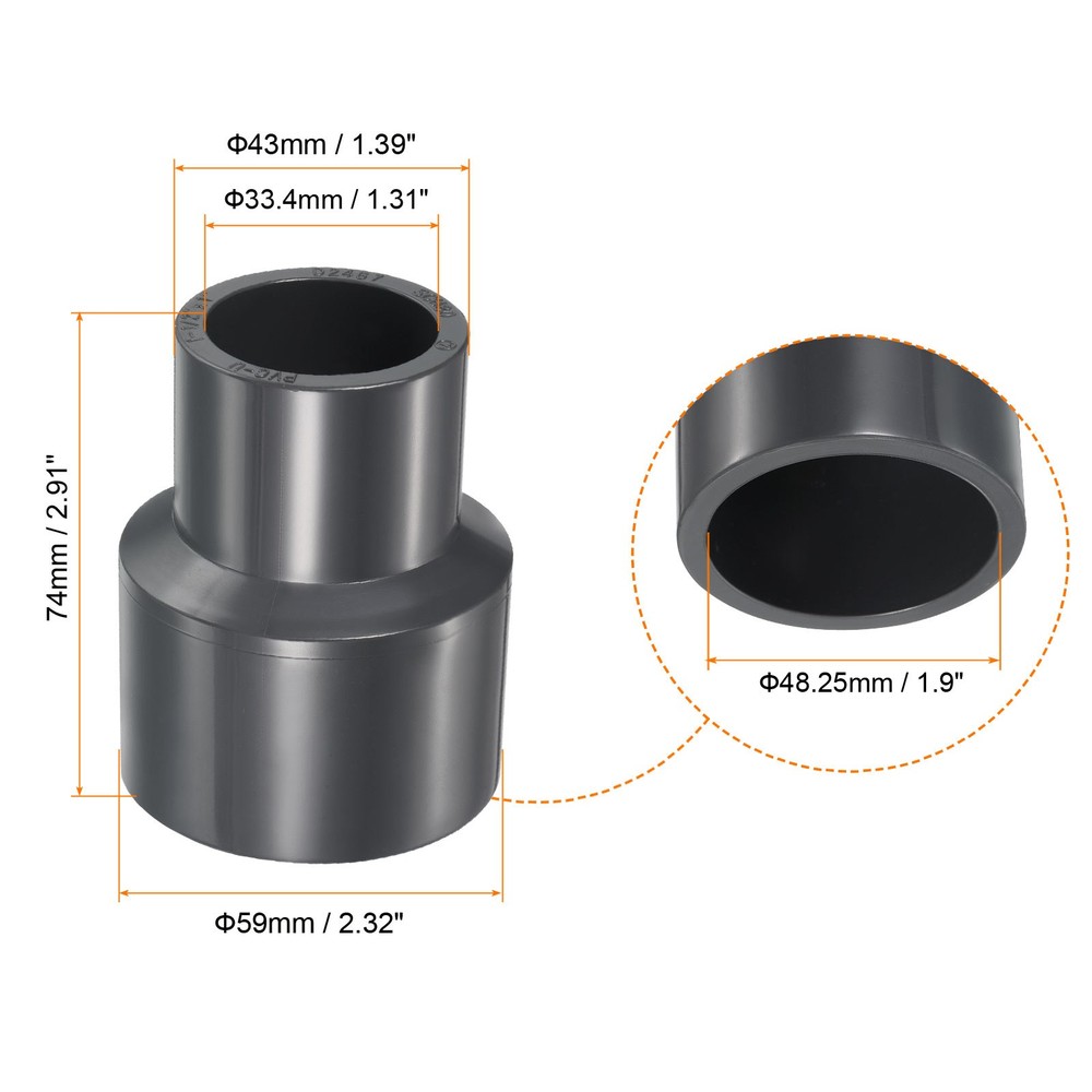 1-1/2"x1" SCH80 UPVC Reducer Pipe Fitting Straight Coupling Connector, Grey