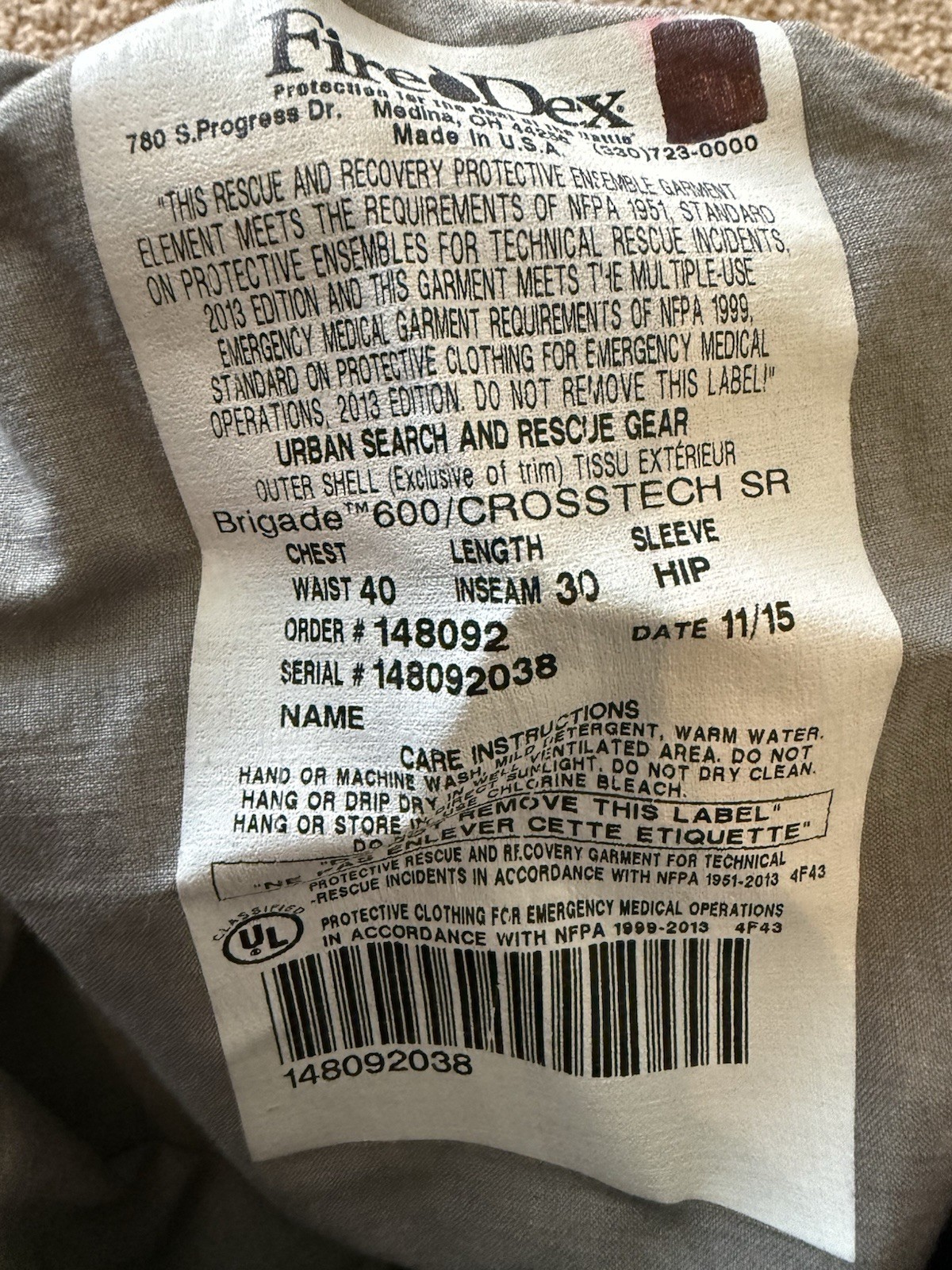 FIRE-DEX FIRE URBAN SEARCH & RESCUE EMS GEAR NOMEX JACKET 42 & PANTS 40