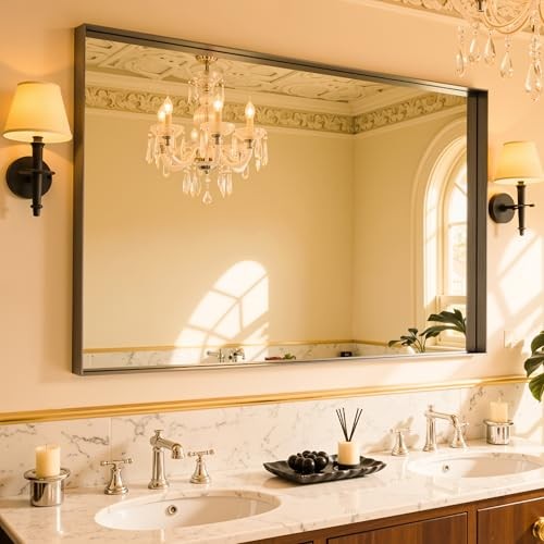 48"x32" Framed Bathroom Mirror, Large Rectangular 32"L x 48"W Black Modern