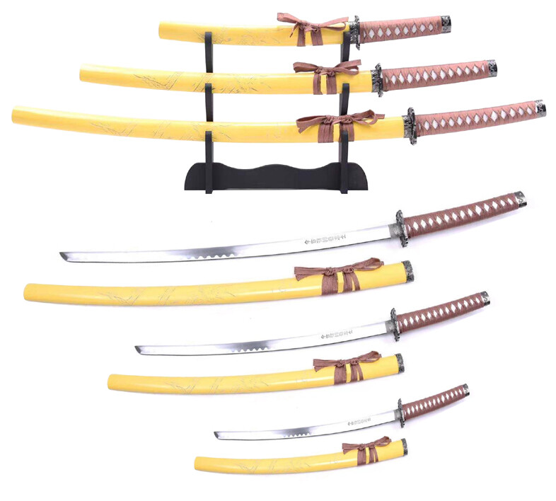 3pc Japanese Samurai Katana Sword Set Dragon Engraved Wooden Sheath w/ Stand Ni