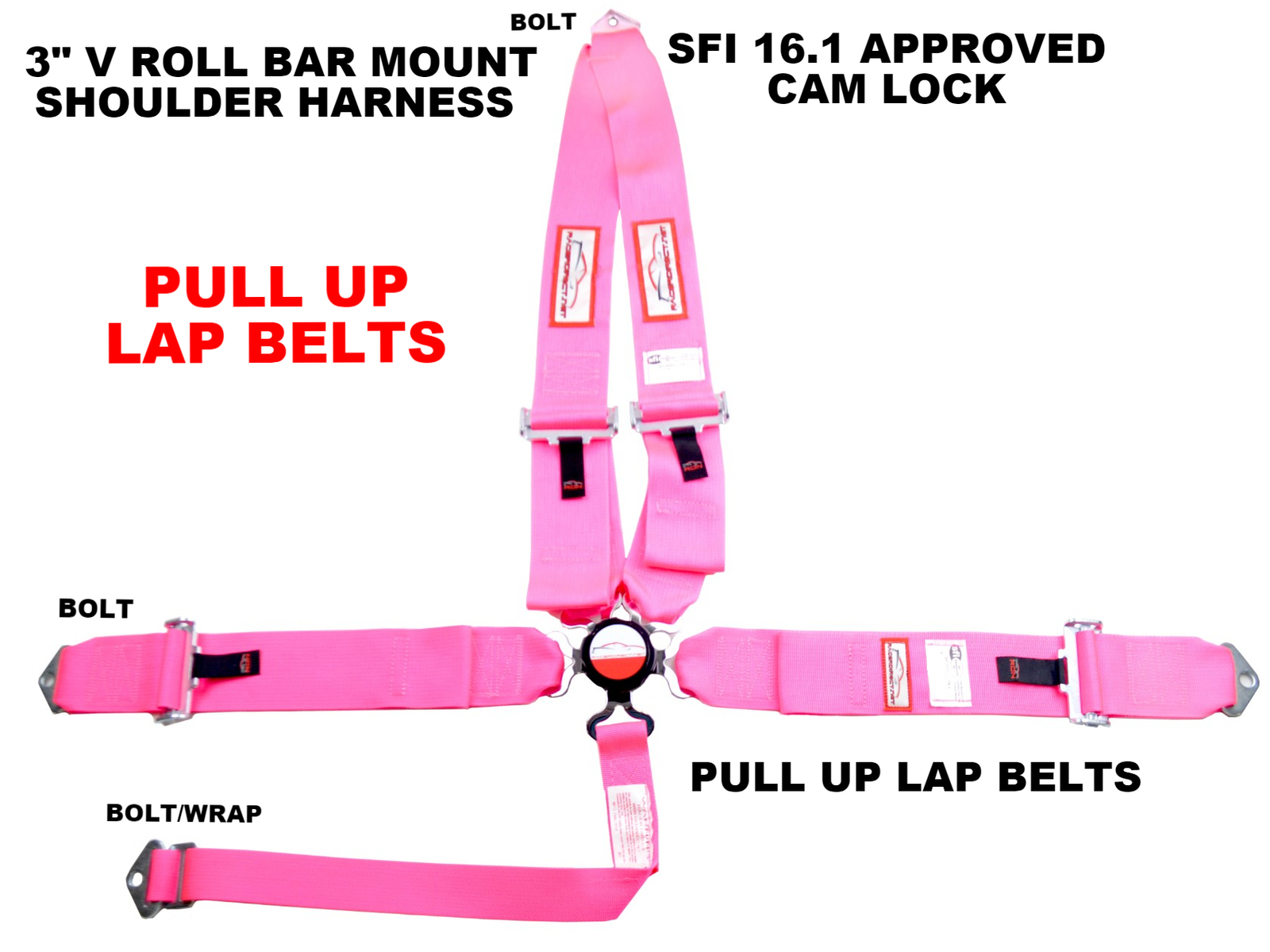 VW SFI 16.1 PULL UP LAP BELTS RACING HARNESS 5 POINT V MOUNT 3" CAM LOCK PINK