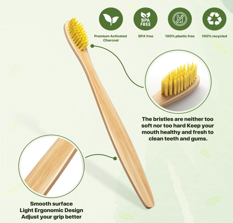 Bamboo Toothbrushes 10 Pack Biodegradable Soft Medium Charcoal Bristles