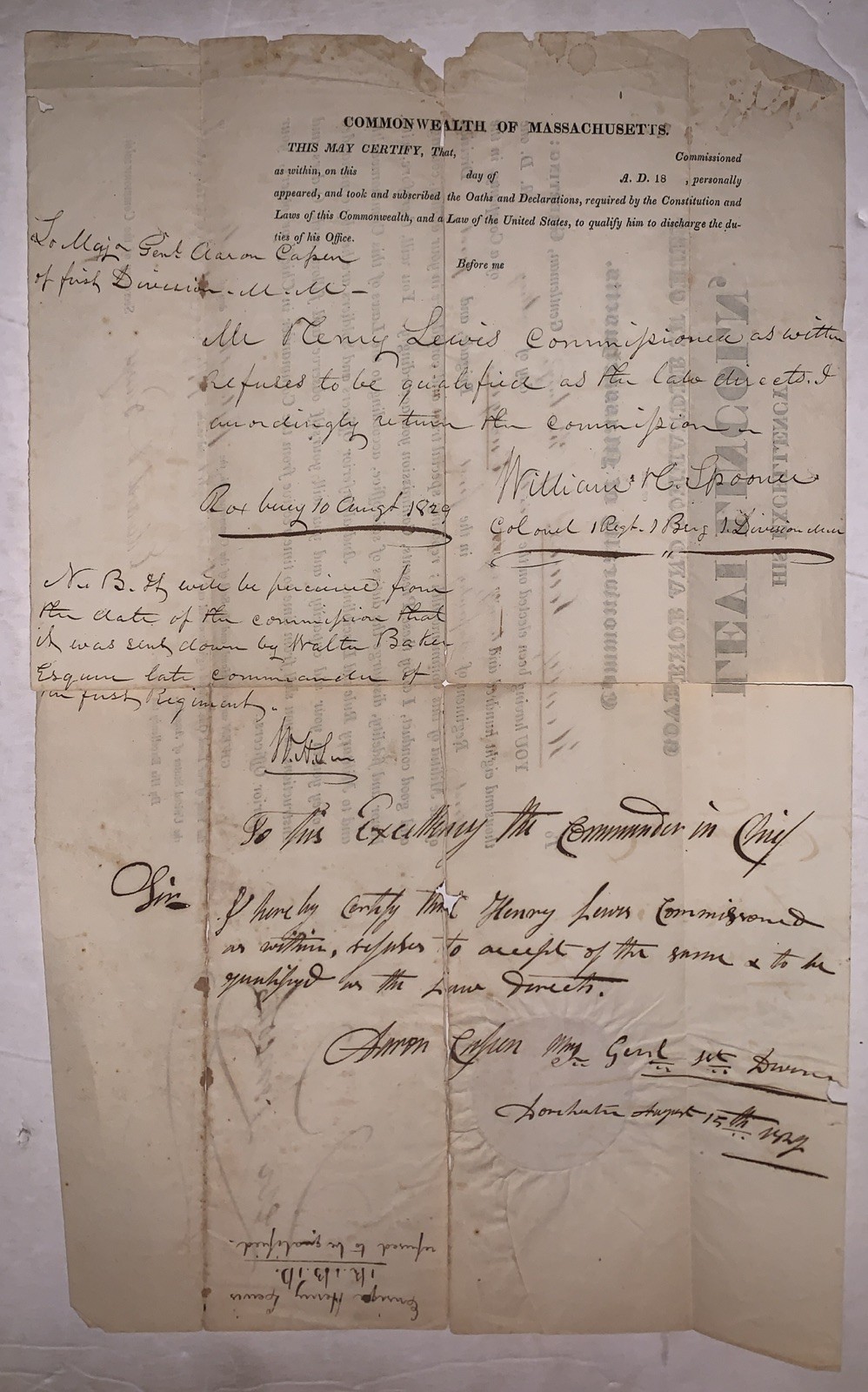 1828, SIGNED by LEVI LINCOLN, JR, MASSACHUSETTS MILITIA COMMISSION, w STATE SEAL