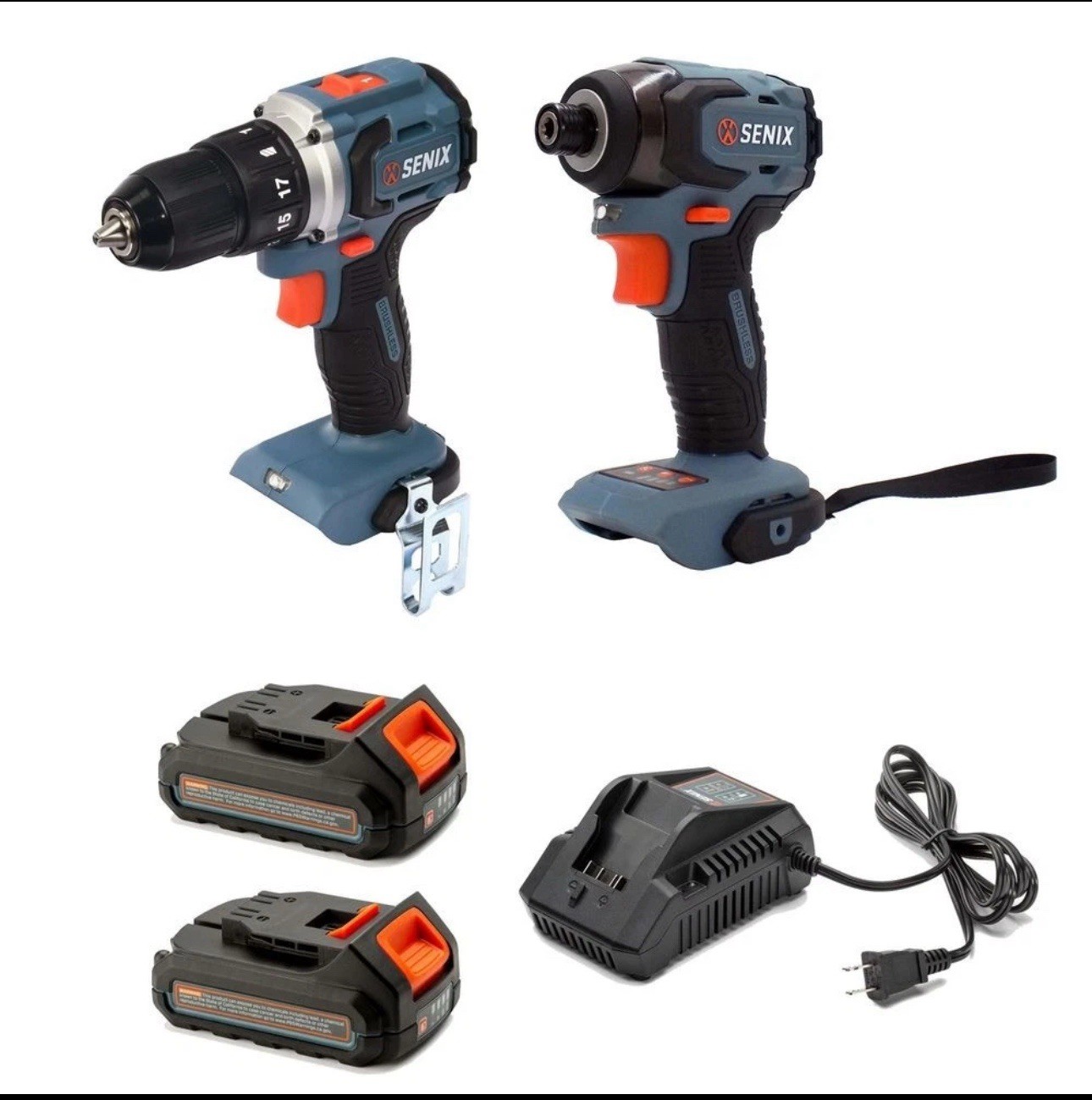 Senix 20V Brushless 1/2 " Drill/Driver &1/4"Impact Driver Combo Kit, 2 Batteries