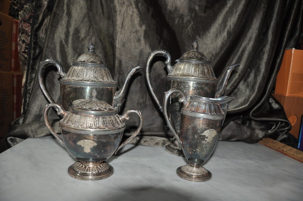 Antique 1847 Rogers Bros Silver plate Tea Set  Marquise pattern MONOGRAMMED B