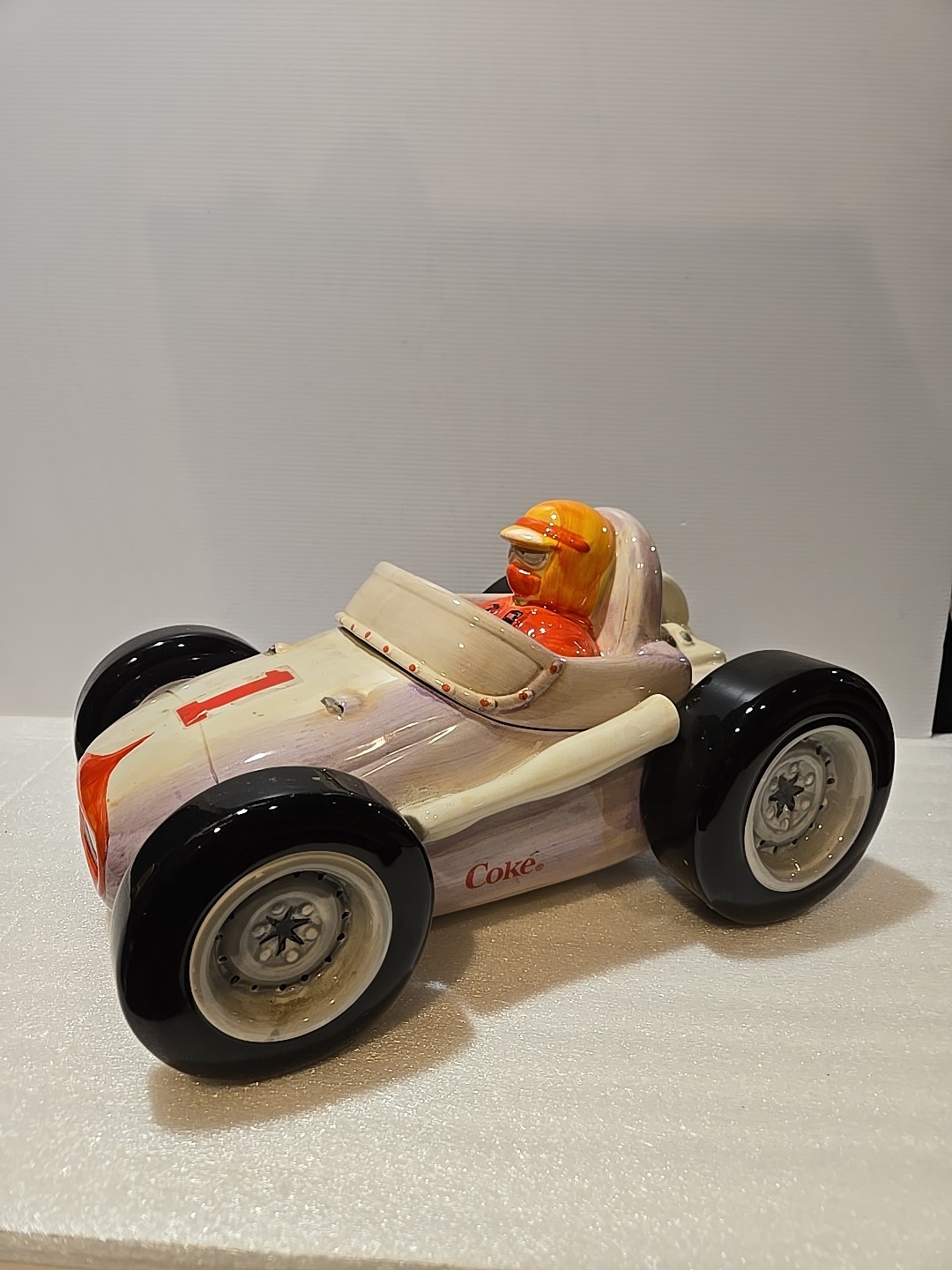 Vintage 2002 Coca-Cola COKE 14" Porcelain Race Car Cookie Jar, Very Good Shape