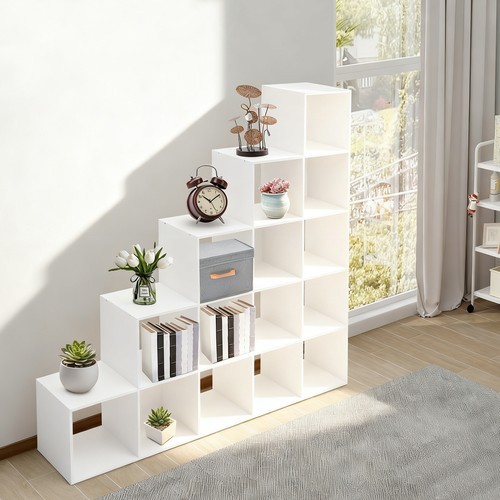 Ladder Cube Storage Bookcase L-shaped Corner Shelf 15-cube Organizer White
