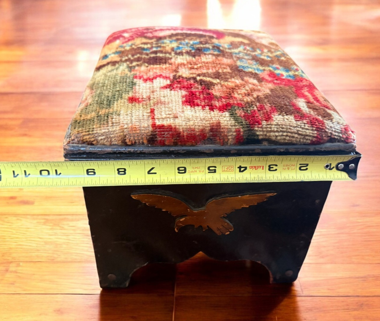 Vintage Floral Tapestry Footstool Wood Base Ottoman Inlaid bird eagle