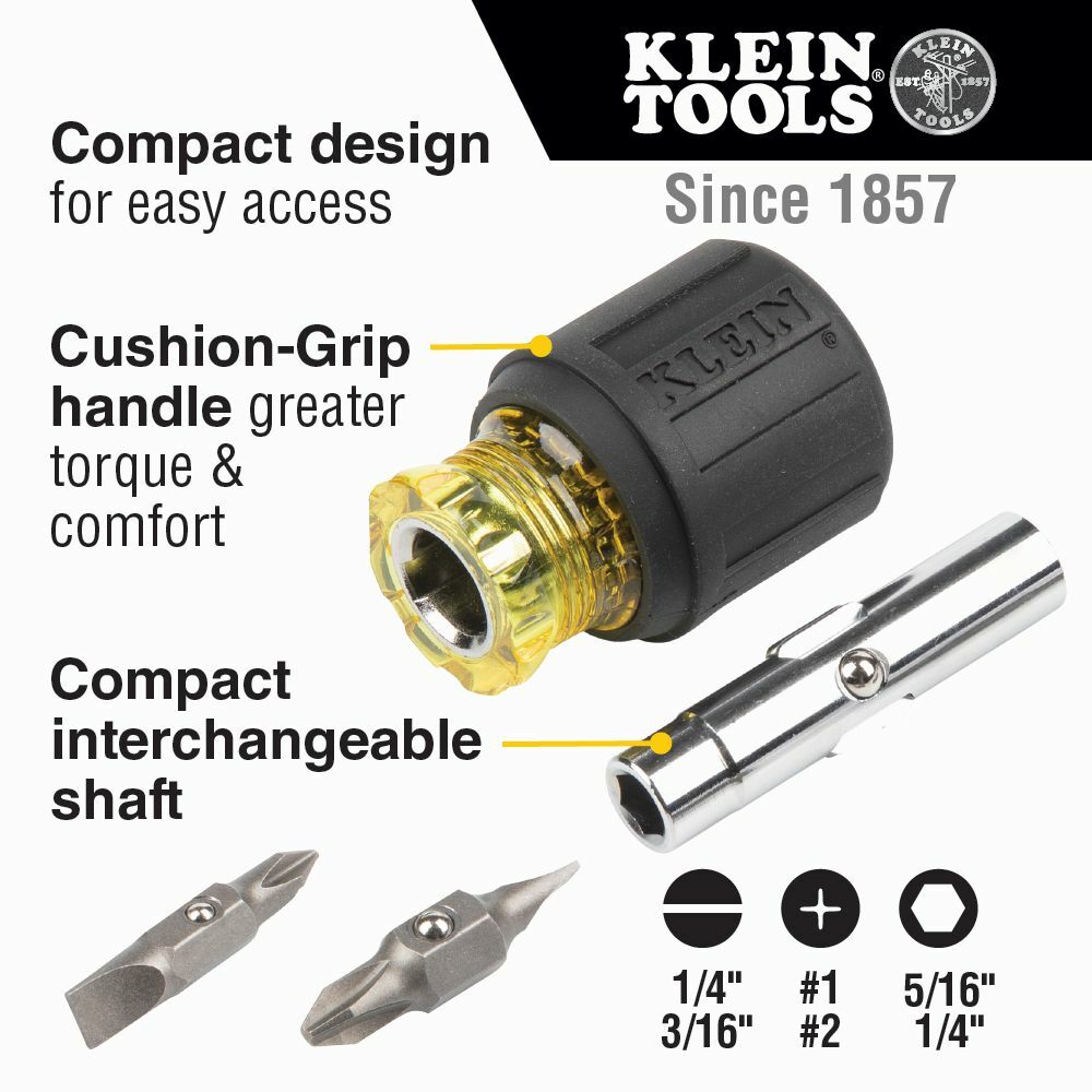 Klein Tools 32561 Multi-Bit Screwdriver / Nut Driver, 6-in-1, Stubby Ph, Sl Bits