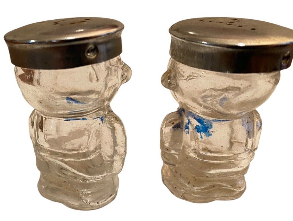 Navy USMC Glass Salt & Pepper Shakers Set Soldiers Vintage Miliary