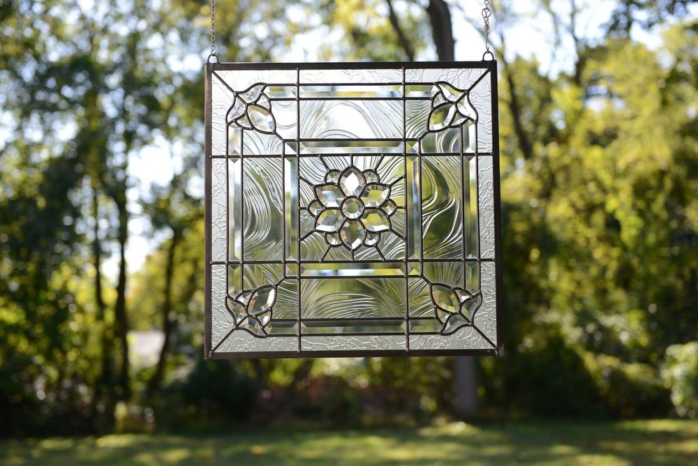Handcrafted stained glass Clear Beveled window panel 20" x 20"