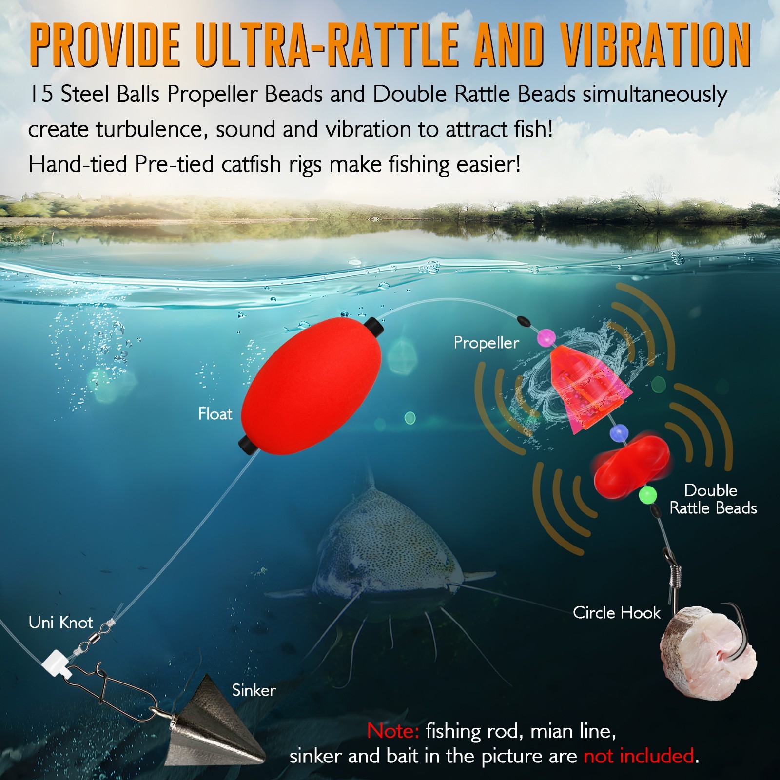 Dovesun 6PCS Catfish Rigs with Oval Float, 8/0 Hook, Double Rattle Beads & Bells