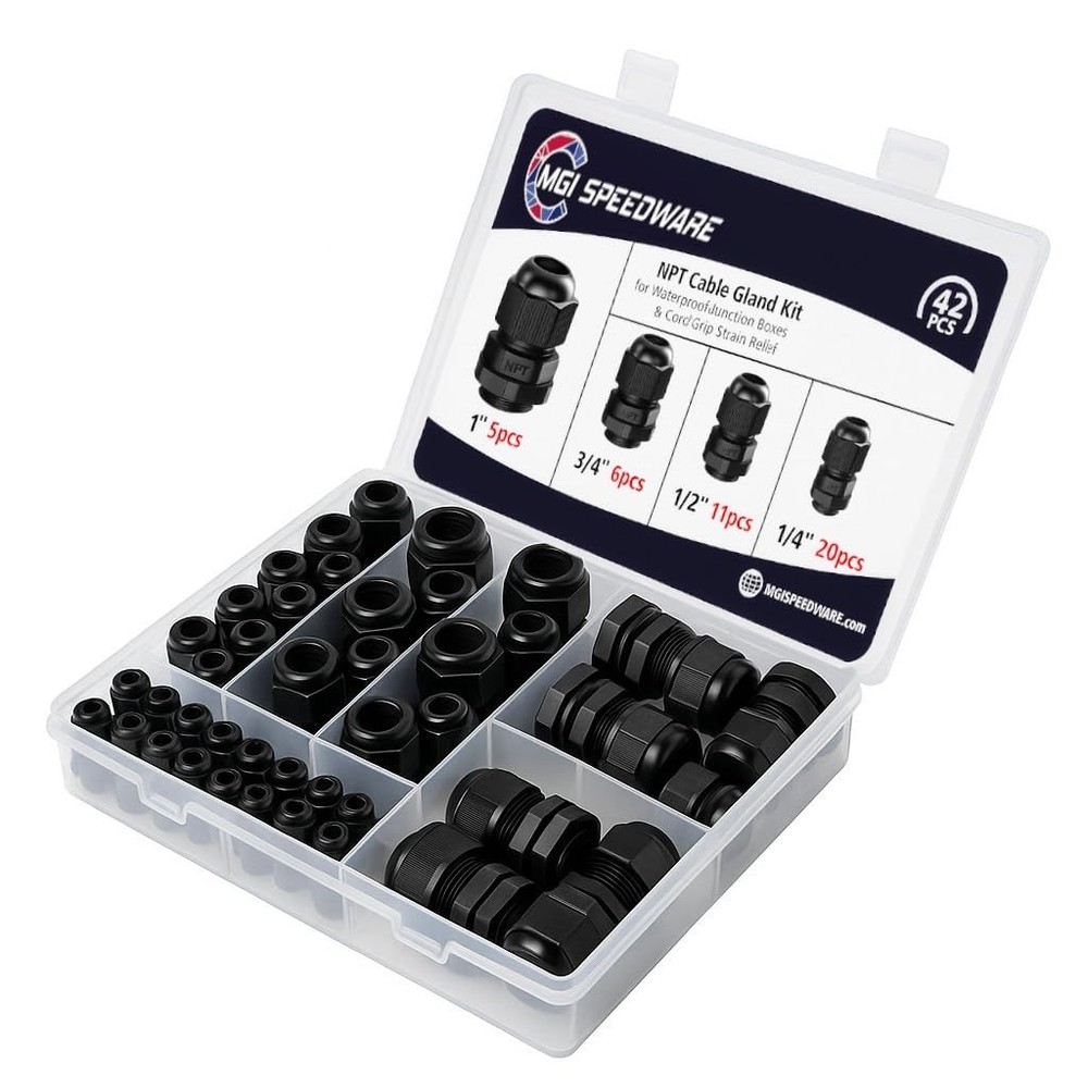 Assorted 42-Pc NPT Cable Gland Kit - Durable Strain Relief for Electrical Needs